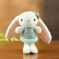 Cute white plush bunny keychain wearing a teal tweed dress and pearl necklace - Blue Style