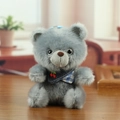 Cute grey plush bear keychain with a blue plaid scarf and cherry embroidery details - Gray