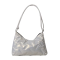 Silver metallic quilted shoulder bag with glossy finish and modern minimalist design - White