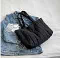 Black quilted down tote bag with a soft puffy texture and large storage capacity - Black