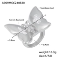 Chunky silver butterfly ring in stainless steel with crystal pavé and 3.4cm width - US 6 / Steel