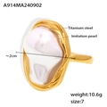 Macro view of vintage irregular gold titanium steel ring with white imitation pearl - US 7 / Gold (A914)