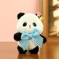 Porte-clés panda en peluche avec nœud à carreaux bleu et petites fleurs - Style Nœud Bleu / Noeud Papillon Bleu