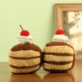 Plush chocolate cake keychain set featuring brown stripes and a red cherry topper - Chocolate Mille Crepe Style