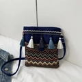 Detailed shot of ethnic crossbody bag featuring colorful tassels and bohemian embroidery - Blue