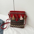 Detailed close-up of ethnic crossbody bag featuring colorful tassels and chevron embroidery - Red