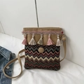 Detailed view of bohemian crossbody bag with colorful tassels and knit textures - Khaki