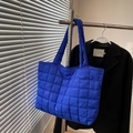 Stylish blue quilted down tote bag with long handles and square stitching pattern - Blue