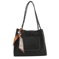 Bolso de mano en cuero granulado negro con asas trenzadas y un pañuelo de seda decorativo - Negro