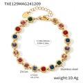 Detailed view of rainbow zircon bracelet with 150+30mm stainless steel chain and 7mm stones - Gold Mixed Color Zirconia Bracelet (TXE129)
