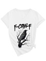 Detail of V-neck white cotton t-shirt featuring artistic black eagle and crow graphic print - S / White