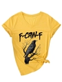 Close-up of yellow V-neck T-shirt with crow and F-CAW-F print and stylish front knot - S / Yellow