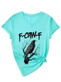 Detail of mint green V-neck T-shirt with eagle print and front knot design on white background - S / Mint Green
