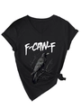 Dettaglio t-shirt nera con scollo a V, stampa grafica corvo e nodo sul fianco - Taglia S / Nero