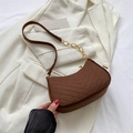 Brown faux suede crescent bag with V-shaped quilting and gold chain strap for women - Brown