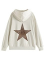 Detail view of cream hoodie back with a leopard print star pattern and ribbed hem - Sand