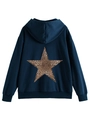 Detail of navy blue hoodie featuring a large star print with leopard pattern on the back - Navy Blue