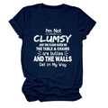 Detail of navy blue cotton t-shirt featuring I'M NOT CLUMSY JUST white typography print - S / Tops / Navy Blue (White Text)