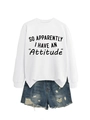 Close-up of white crewneck sweatshirt with slogan and distressed denim shorts set - White Sweatshirt (Black Font)