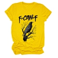 Detailed close-up of yellow t-shirt with crow print and F-CAW-F art lettering - S / Yellow