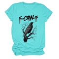 Close-up of artistic crow print and F-CAW-F lettering on teal cotton short sleeve T-shirt - S / Deep Water Blue