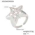 Anillo de estrella ajustable de acero de titanio plateado con piedras de circonita - Anillo Abierto de Estrella de Cinco Puntas (A913) / Color acero
