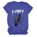 Detailed close-up of eagle print and F-CAW-F lettering on heather purple t-shirt - S / Vintage Blue