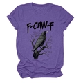 Detail of raven art print and F-CAW-F text on a purple cotton short sleeve T-shirt - S / Purple