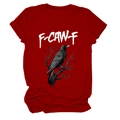 Detail of raven print and white lettering on burgundy crew neck cotton t-shirt - S / Red