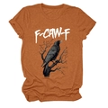 Close-up of rust red cotton t-shirt featuring artistic crow print and F-CAW-F text detail - S / Burnt Orange