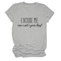 Flat lay of gray crewneck T-shirt featuring Excuse me can I pet your dog text print - S / Light Grey (Black Font)