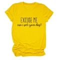 Close-up of Excuse Me Can I Pet Your Dog print on a bright yellow cotton t-shirt - S / Yellow (Black Font)