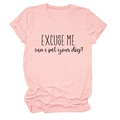 Detail of pink cotton t-shirt with EXCUSE ME can i pet your dog slogan print - S / Pink (Black Text)