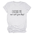 Detail of EXCUSE ME CAN I PET YOUR DOG text printed on white cotton crewneck t-shirt - S / White (Black Font)