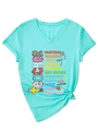 Dettaglio della t-shirt verde menta con scollo a V e scritte creative per insegnanti - S / Blu Acqua Profonda