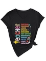 Détail d'un t-shirt enseignant à col en V avec texte léopard et icônes d'école - S / Noir