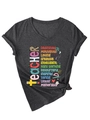 Détail d'un t-shirt à col en V avec imprimé sur le thème des profs et nœud à la taille - S / Gris Chiné Noir