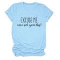 Detail of light blue crew neck T-shirt with 'Excuse me can i pet your dog?' slogan print - S / Light Blue (Black Font)