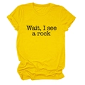 Detailed view of yellow cotton t-shirt featuring the text Wait I See A Rock in black print - Yellow (Black Font)