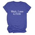 Detail of Wait I See a Rock text print on a blue heathered crew neck cotton t-shirt - Retro Blue (White Font)