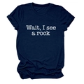 Detail of rolled cuffs and white 'Wait, I see a rock' print on navy cotton t-shirt - Navy Blue (White Font)