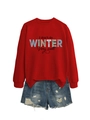 Détail du sweat-shirt rouge avec slogan 'I don't do winter' et short en jean - S / Sweat-shirt Rouge (Graphique Noir)