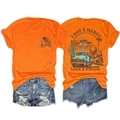 Μπροστινή και πίσω όψη πορτοκαλί t-shirt με vintage εκτυπώσεις φορτηγού και αλόγου - Πορτοκαλί