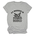 Detail of grey crew neck T-shirt featuring My Weekend is Booked text and floral book print - Light Grey (Black Letters)