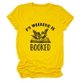 Detail of yellow cotton t-shirt featuring MY WEEKEND IS BOOKED text and floral illustration - Yellow (Black Letters)