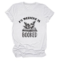 Detail of white crew neck t-shirt featuring MY WEEKEND IS BOOKED floral book print - White (Black Letters)