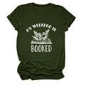 Close-up of My Weekend is Booked graphic print on a forest green crew neck cotton t-shirt - Army Green (White Letters)