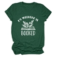Detail of soft dark green T-shirt fabric with My Weekend is Booked floral book print - Vintage Green (White Letters)