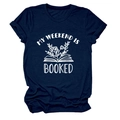 Detail of navy blue crew neck T-shirt with white MY WEEKEND IS BOOKED floral book print - Navy Blue (White Letters)