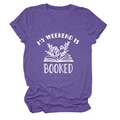 Close-up of My Weekend is Booked graphic print on purple cotton blend crewneck t-shirt - Purple (White Letters)